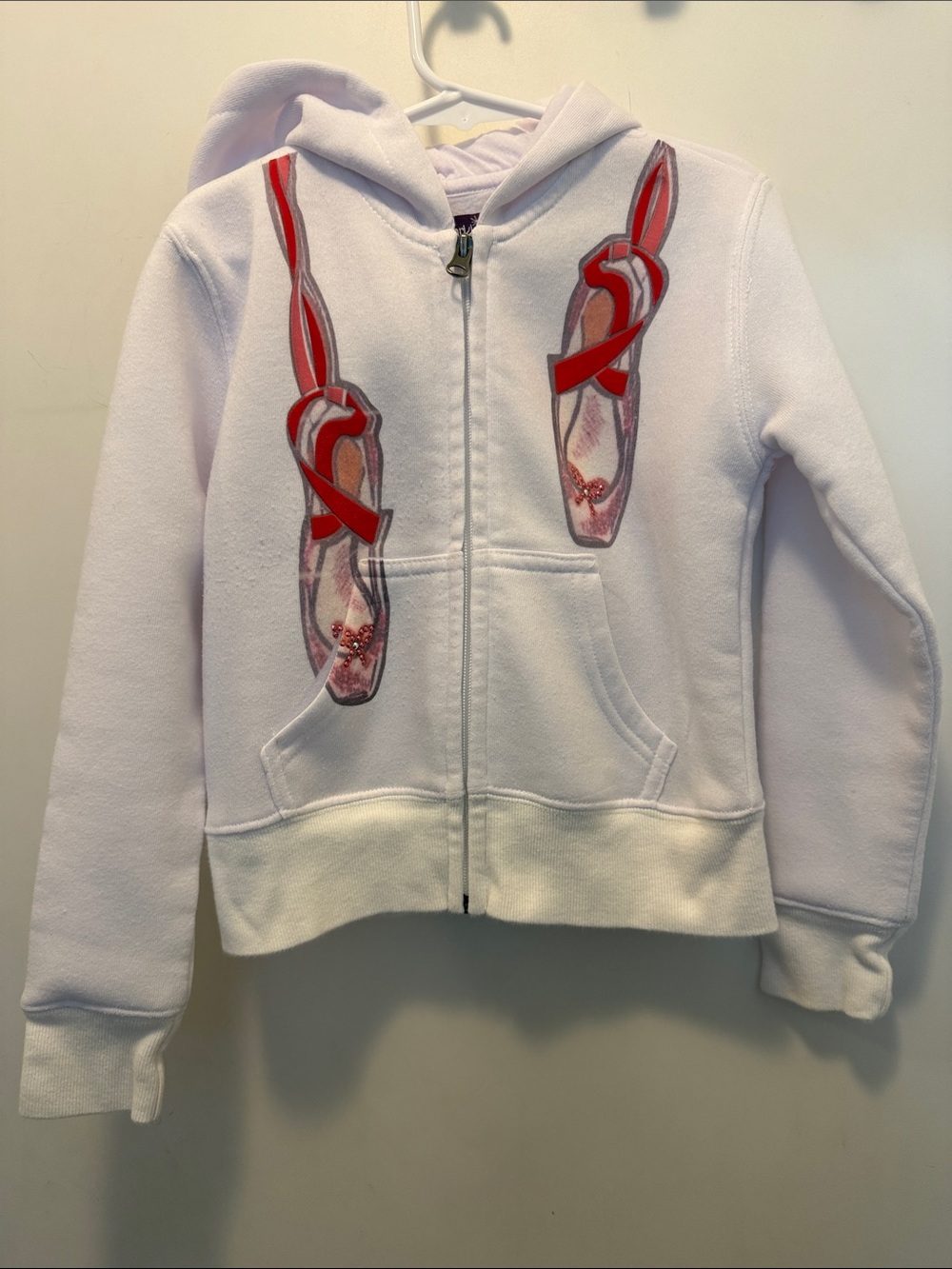 Girls White Zip-Up Hoodie with Red & Pink Ballet Slipper Graphic
